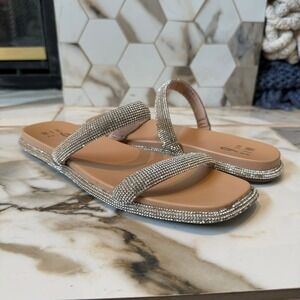 Mix No. 6 Marsaaki‎ Rhinestone Double Strap Flat Slide Sandals Tan Silver 9.5